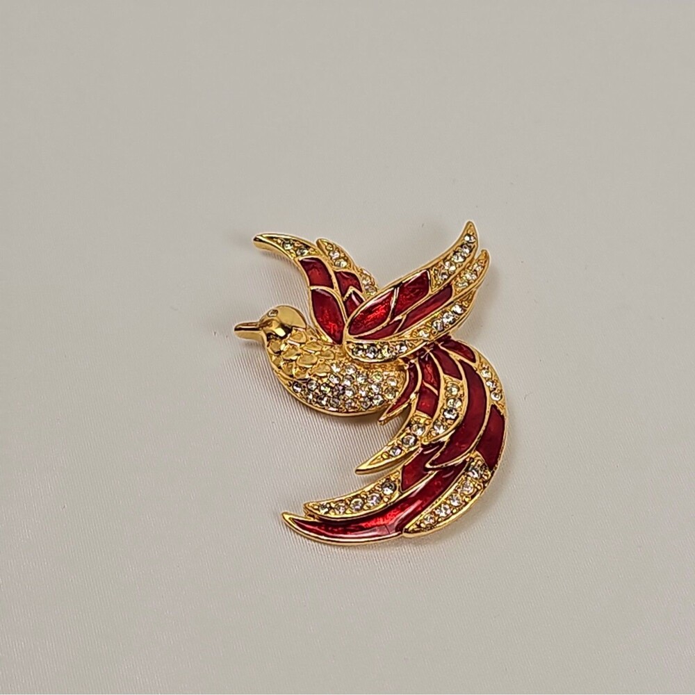 Vintage Giorgio Signed Gold Tone Red Enamel & Rhinestone Bird of Paradise Brooch